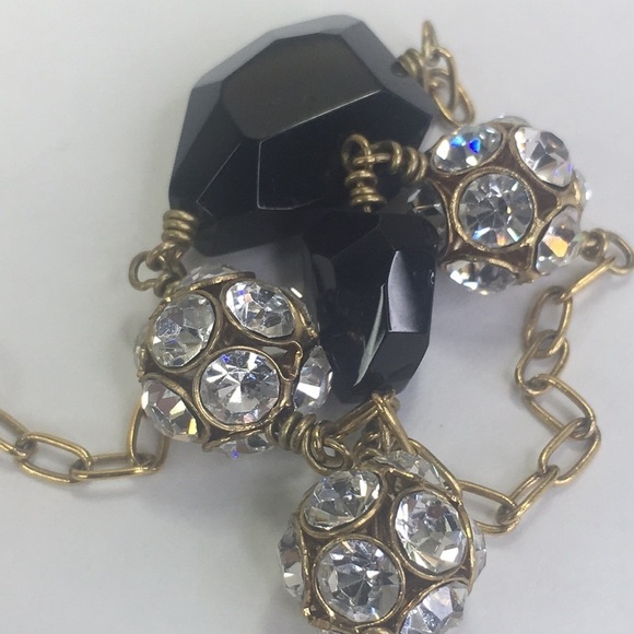 J Crew gold tone chain faceted black rhinestone balls necklace 32" long with bag - Picture 3 of 4